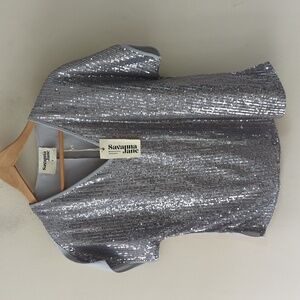 Savannah Jane Silver Glimmer  Sequin V-Neck Shift Top Blouse